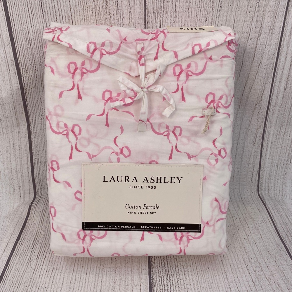 Laura Ashley Sheet Set King Pink White Cotton Percale Trailing Bows Ribbon